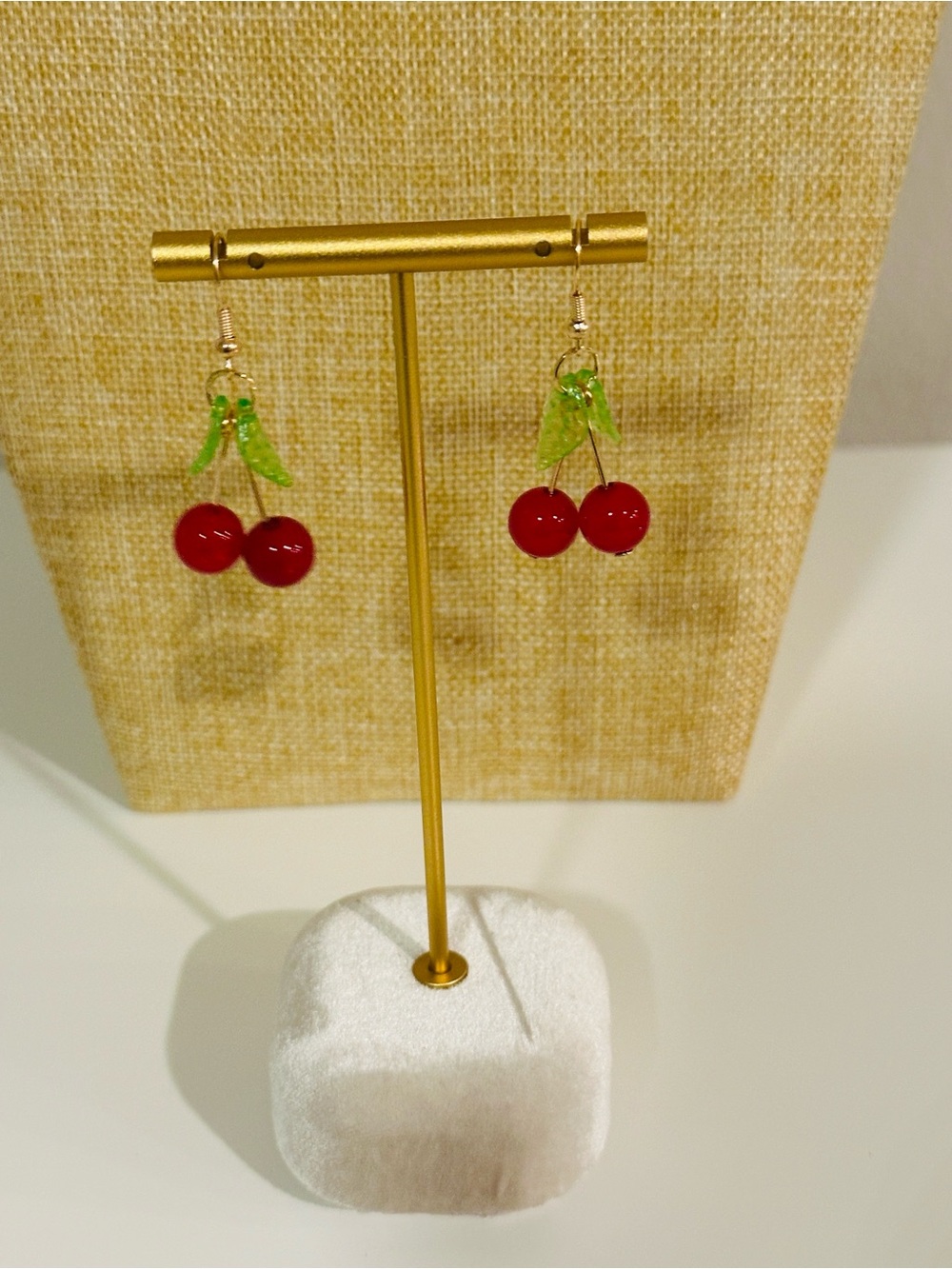 Fashion Jewelry Gold-Tone Red Cherry Dangle Earrings with Green Leaf Accents